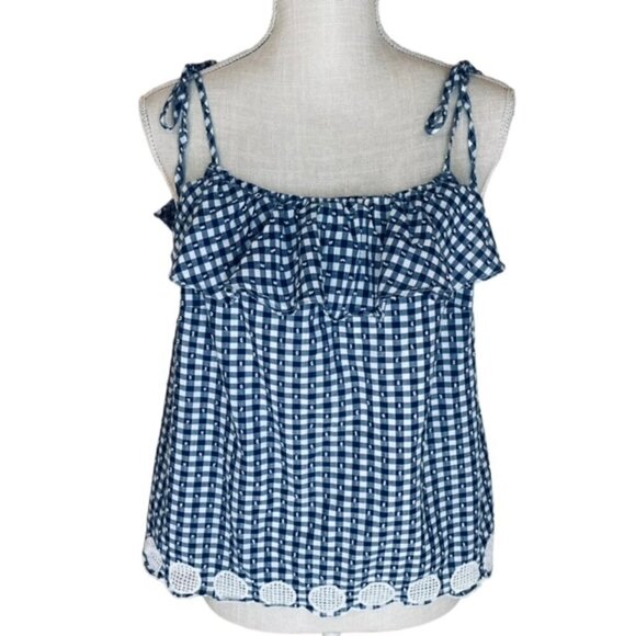 J. CREW Tie-Shoulder Gingham Ruffle Eyelet Top - Size 14 - Picture 1 of 5